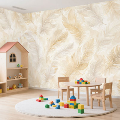 Papier peint adhésif plumes et adhésif beige sans couture, papier contact amovible pour décoration de salon, chambre à coucher H 100 po x l 144 po
