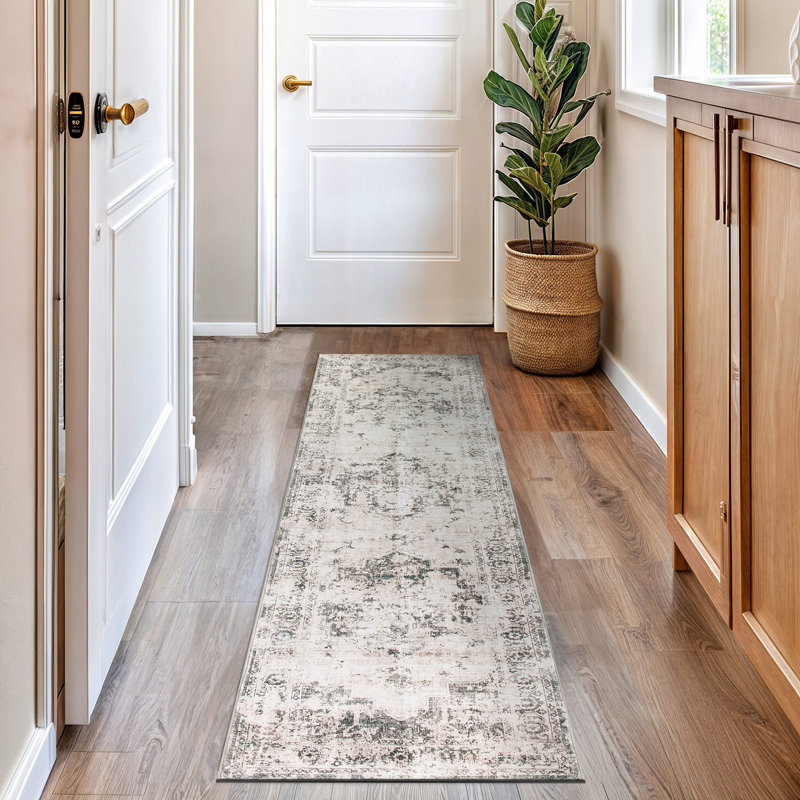 Transitional Distressed Medallion Washable Non Slip Area Rug, Runner 2' x 8'