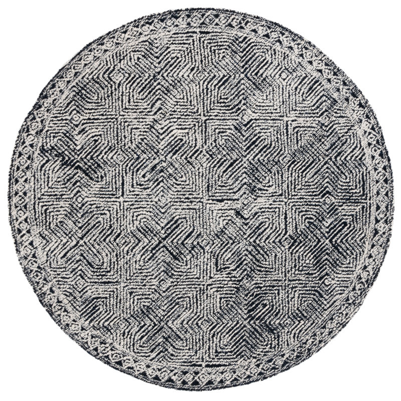 Friedi Tufted Wool/Pet Yarn Geometric Rug in Ivory/Black, Round 6'