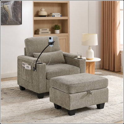 Single Sofa Recliner with Manual Adjustable Backrest, USB Charging, Phone Stand, and Hidden Storage Ottoman