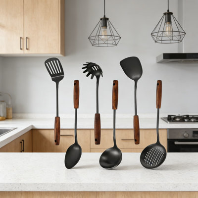 6-Piece Stainless Steel Kitchen Utensil Set With Wooden Handle, Professional Grade 304 Cookware Tools, Heat Resistant, Dishwasher Safe For Easy Cleaning