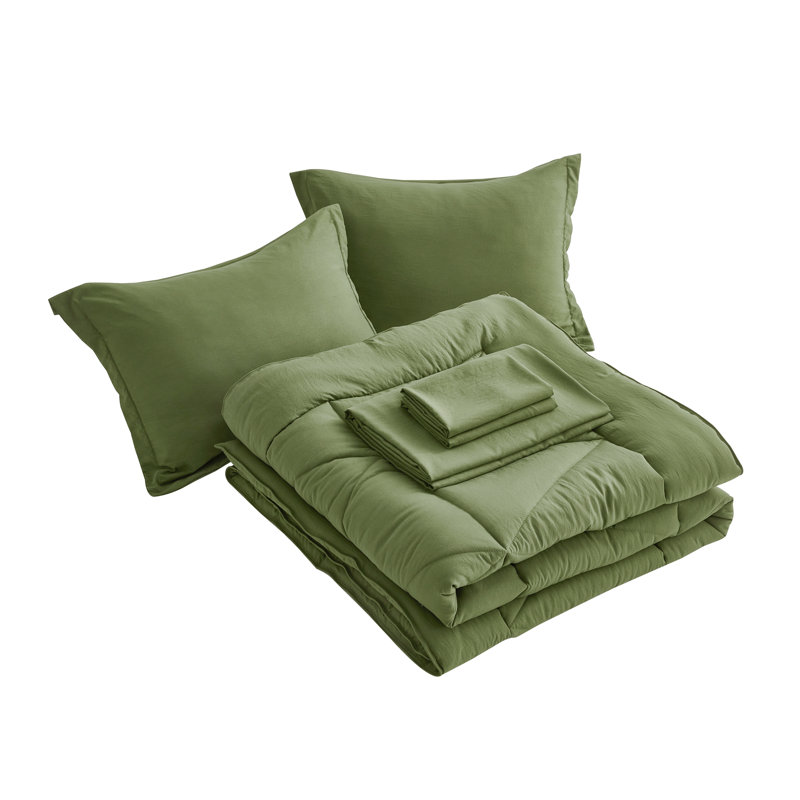 Microfiber Bed in a Bag Comforter Set, Oversized King Comforter + 6 Additional Pieces, Olive Green