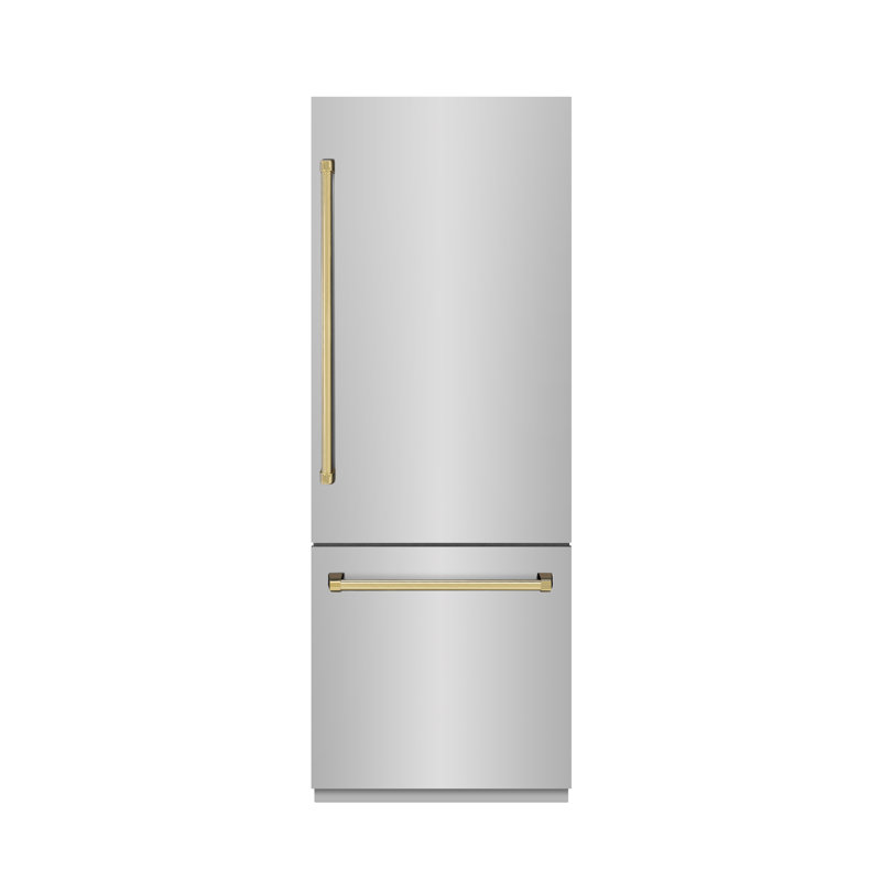ZLINE Autograph Edition 30 in. 16.1 cu. ft. Built-In Bottom Freezer Refrigerator with Water Dispenser and Ice Maker in Satin Stainless Steel with Graphite Grey Interior