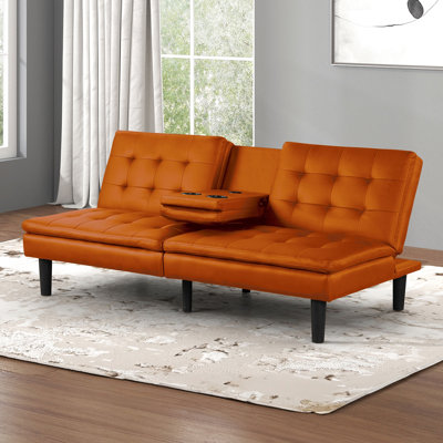 Futon orange contemporain de style avec capitonnage à biscuits, chargeurs de climatiseurs, table rabattable et facilité de lit, l 71,5 po x P 35,5 po, H 32 po encastré, conception convertible,