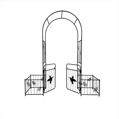 Powder Coated Steel Garden Arch Gate with Double Doors, Stake Mounted Climbing Plant Support, 79.92L x 20.04W x 87.0H Inches