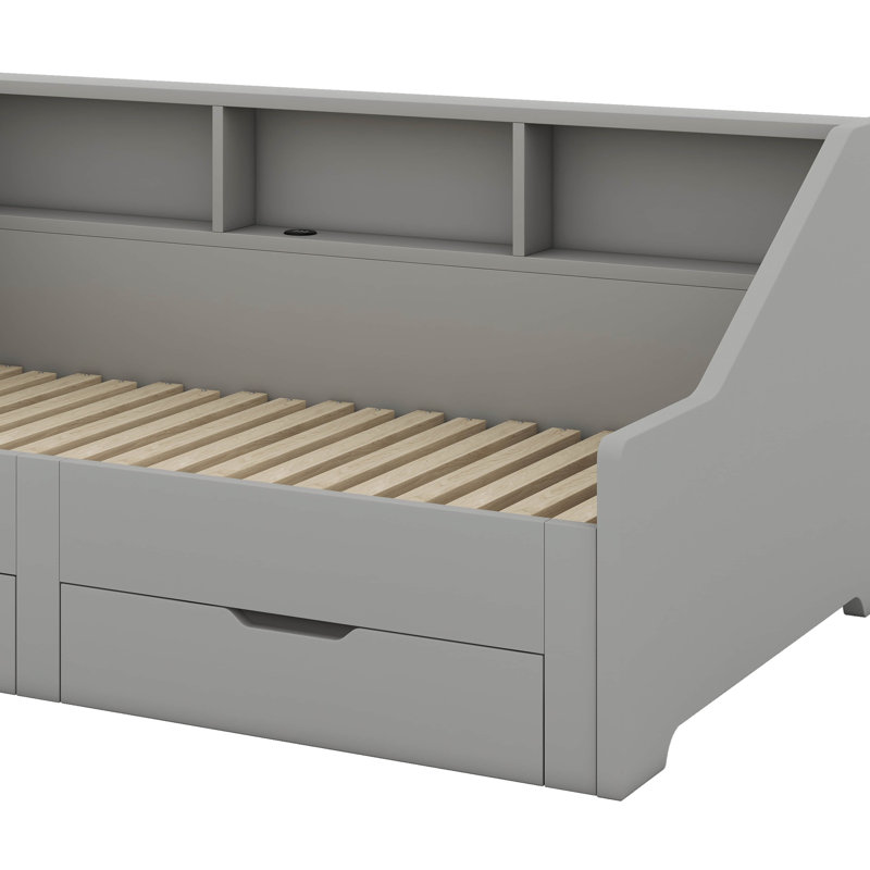 Twin Daybed With Storage Bookcases And Two Drawers, Wood Bed Frame With Trundle And USB Charging Design, Gray