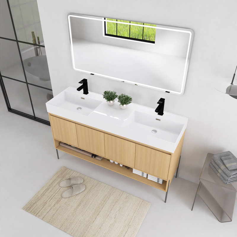 Meuble-lavabo autoportant de 60 pouces avec lavabo en résine, portes à fermeture douce, chêne original, 59.08", Lit double