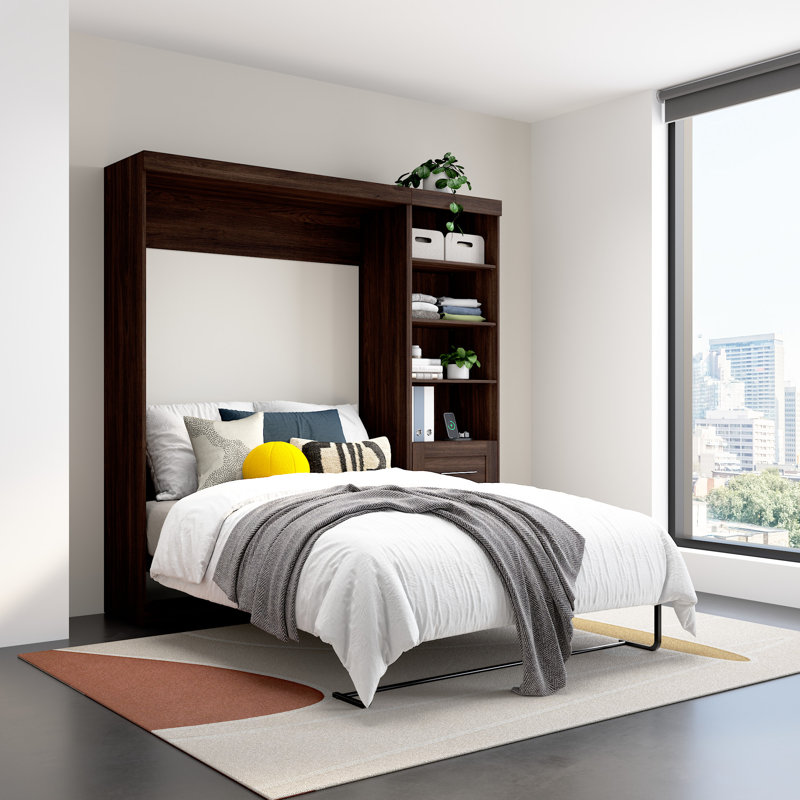 84W Full Size Murphy Bed With Pull-Out Desk, Black Walnut