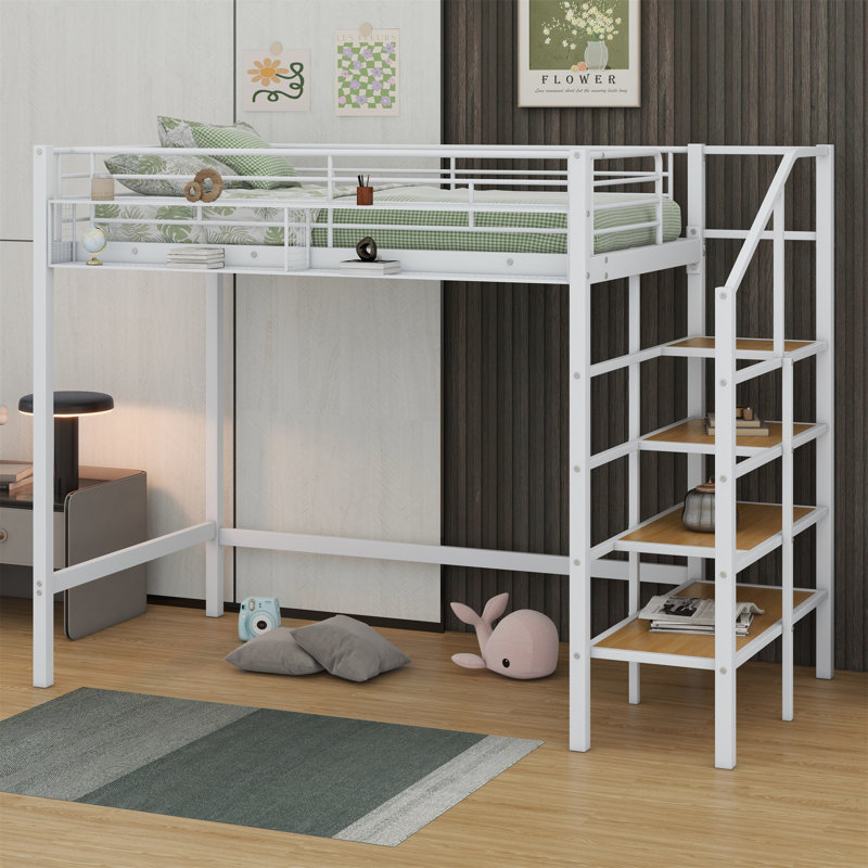 Lit mezzanine avec tablette de rangement supérieure et échelle de rangement latérale, Lit simple, Blanc