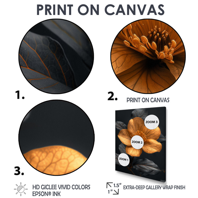 Décoration murale photo de magnolias doré doré et noir de luxe, Cadre flottant doré, H 24 po x l 32 po