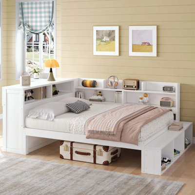 Lit de jour double avec armoires de rangement, armoire à chaussures et ports USB