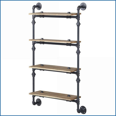 4-Tier Industrial Wall Shelf, Oak &amp; Sandy Black Wood+Metal | Primary Living Space