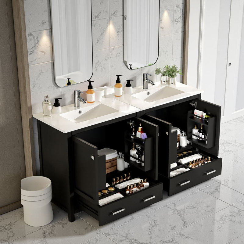 Meuble-lavabo moderne de 60 po - Portes à fermeture douce, étanches et tablettes intégrées?, Noir