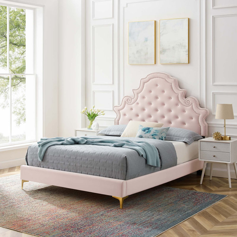 Gwyneth Tufted Performance Velvet Platform Bed, Teal, Queen