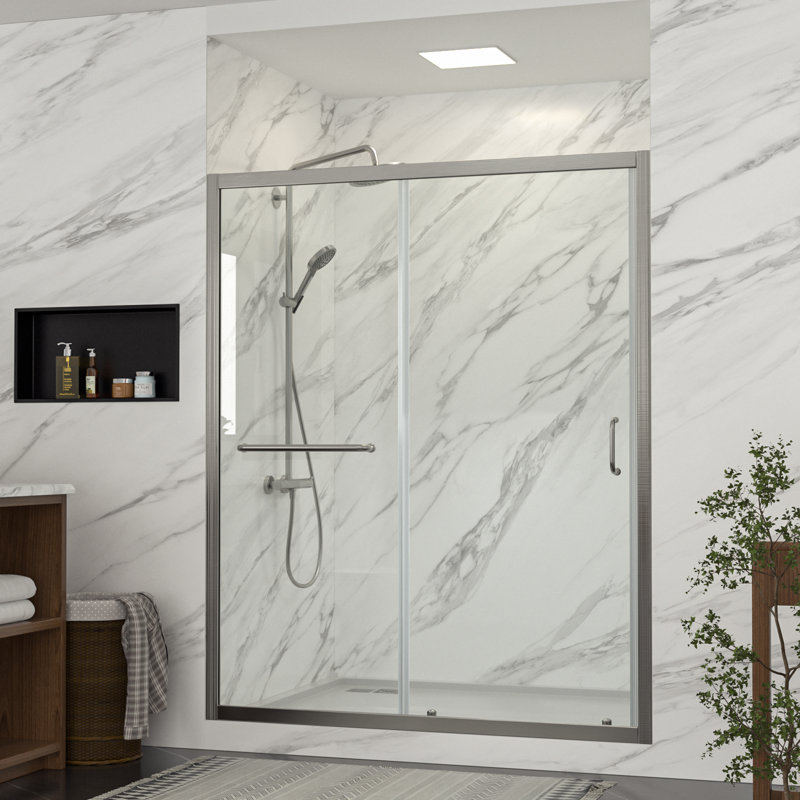 60" W x 72" H Frameless Bypass Sliding Shower Door  Bathroom Tempered Glass Shower Door with Handle, Brushed Silver