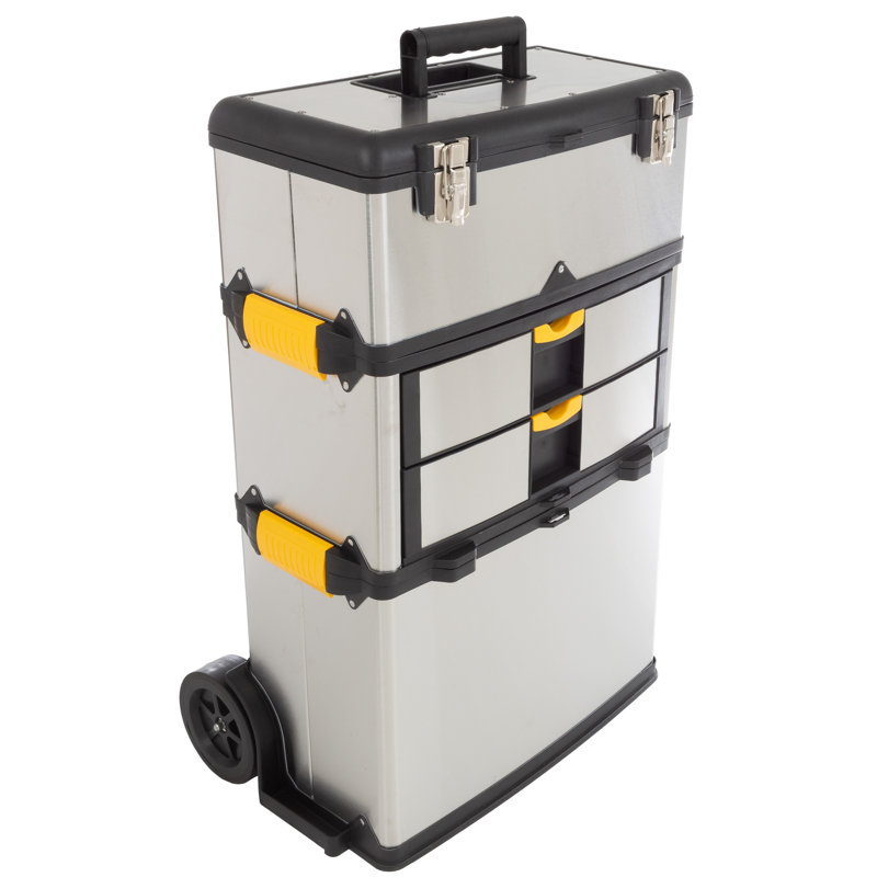 3-Part Portable Tool Box - Stainless-Steel Drawer Organizer with Wheels, Extendable Handle and Tough Latches - Rolling Tool Chest by Stalwart (Silver)