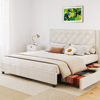 Queen Upholstered Tufted Platform Bed with 4 Storage Drawers, No Box Spring