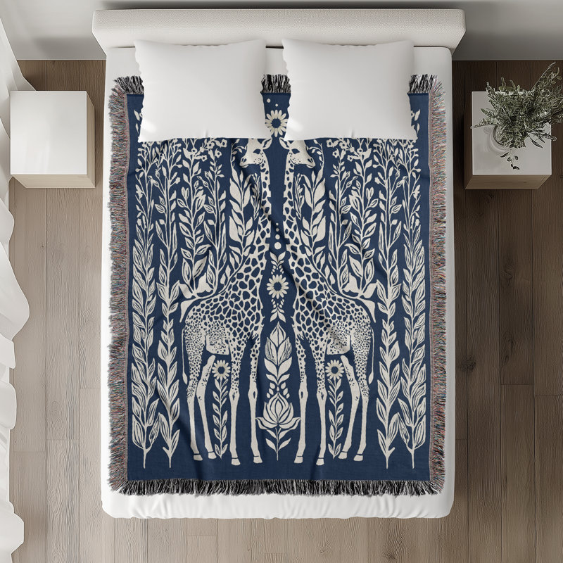Jeté en mélange de coton Josu Giraffe, L 70 po x l 50 po, Bleu / Blanc cassé