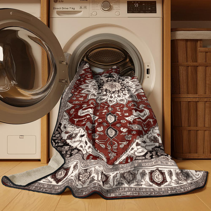 Tapis persan noir lavable à la machine, Rond 7 pi