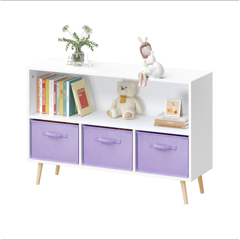 Bibliothèque pour enfants avec tiroirs en tissu pliables, présentoir à livres pour enfants, armoire de rangement pour jouets, blanc / mauve