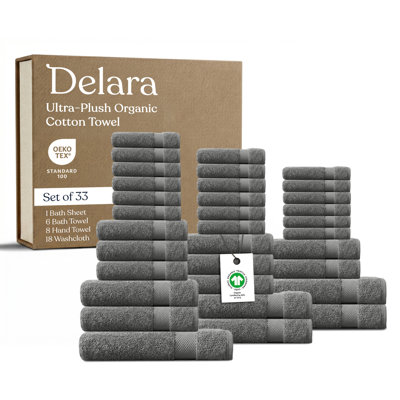 Organic Cotton Plush Towel Set of 33, GOTS & OEKO-TEX Certified, 650 GSM, Soft, Quick-Dry, Absorbent, Hotel Quality