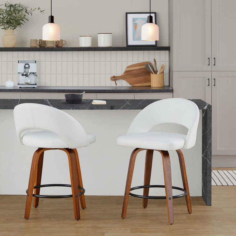 Ensemble de 2 tabourets de comptoir à hauteur fixe, structure en bois de noyer avec similicuir blanc et repose-pieds en métal noir