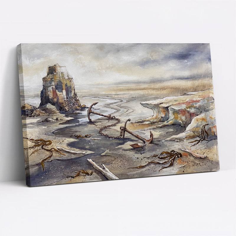 "Rusty Anchors on Sandy Beach" près de Sea Stack, impression sur toile, 32"H x 48"W