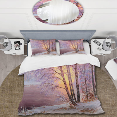Sunshine Through Snowy Winter Landscape III - Ensemble de housse de couette Cabin & Lodge - Polyester en microfibre