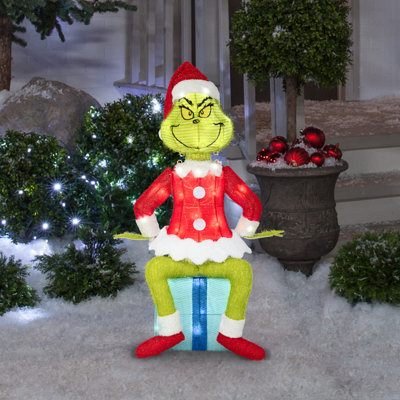 Sculpture de Noël en forme de guirlande lumineuse 3D - Le Grinch assis sur un cadeau - 28 po - Dr. Seuss