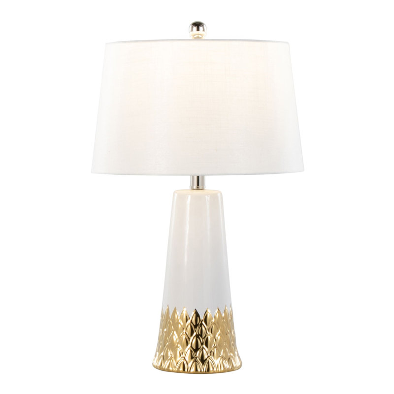 Lampe de table 22 po contemporaine en céramique blanche et dorée avec abat-jour blanc