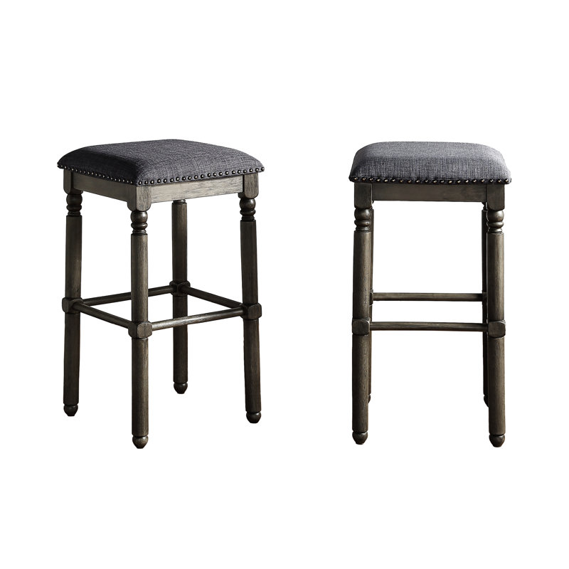 2 tabourets de bar rembourrés en bois gris - chaise de salle à manger rustique chic, siège en mousse confortable, bois d'hévéa massif, revêtement gris, tabourets à garniture bronze, sièges rembourrés en mousse, l 16 po x P 16 po x H 29,27 po