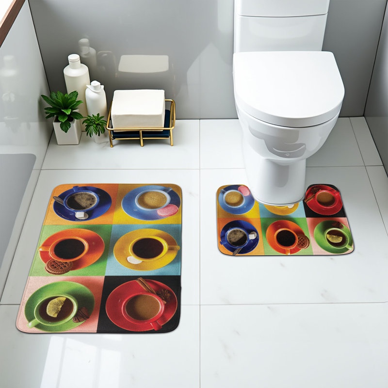  Coffee Bathroom Rug Set 2 Pieces Rectangle & Contour Mats Multicolor