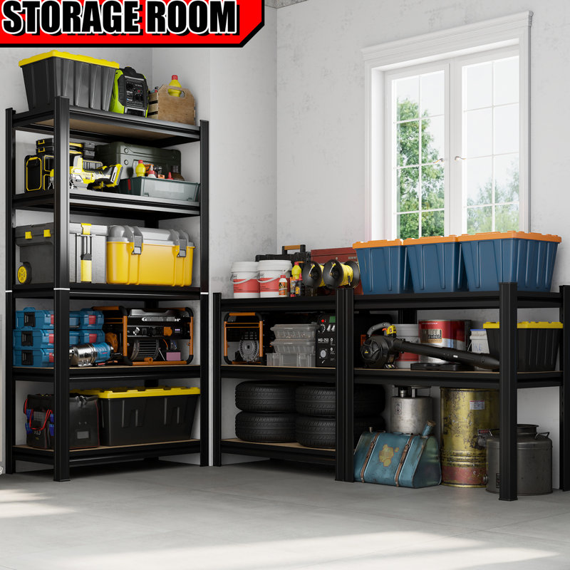 Unité de rangement à 5 niveaux avec des hauteurs personnalisables - pour le garage, la hauteur de l'étagère au fini noir réglable et polyvalente dans le garage, entrepôt stable et solide