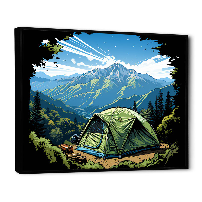 «Camping In Forest Retreat 2» - Art mural de voyage en camping, Cadre flottant noir, H 34 po x l 44 po x P 1,5 po
