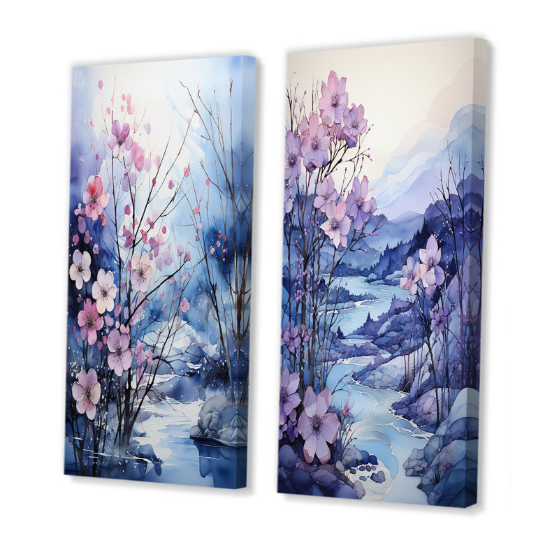 Frosty Blue River Landscape - ensemble de 2 décorations murales paysage, Toile tendue, H 28 po x l 25 po