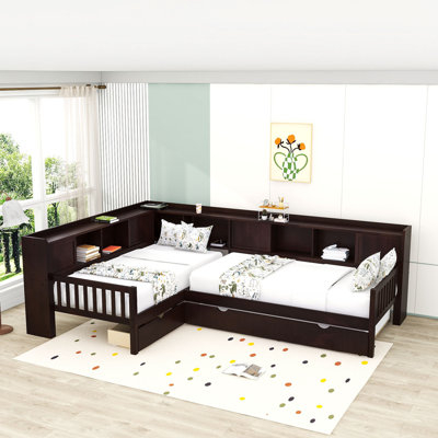 Lit plateforme simple en bois en L avec 1 tiroir, lit gigogne simple et tablettes