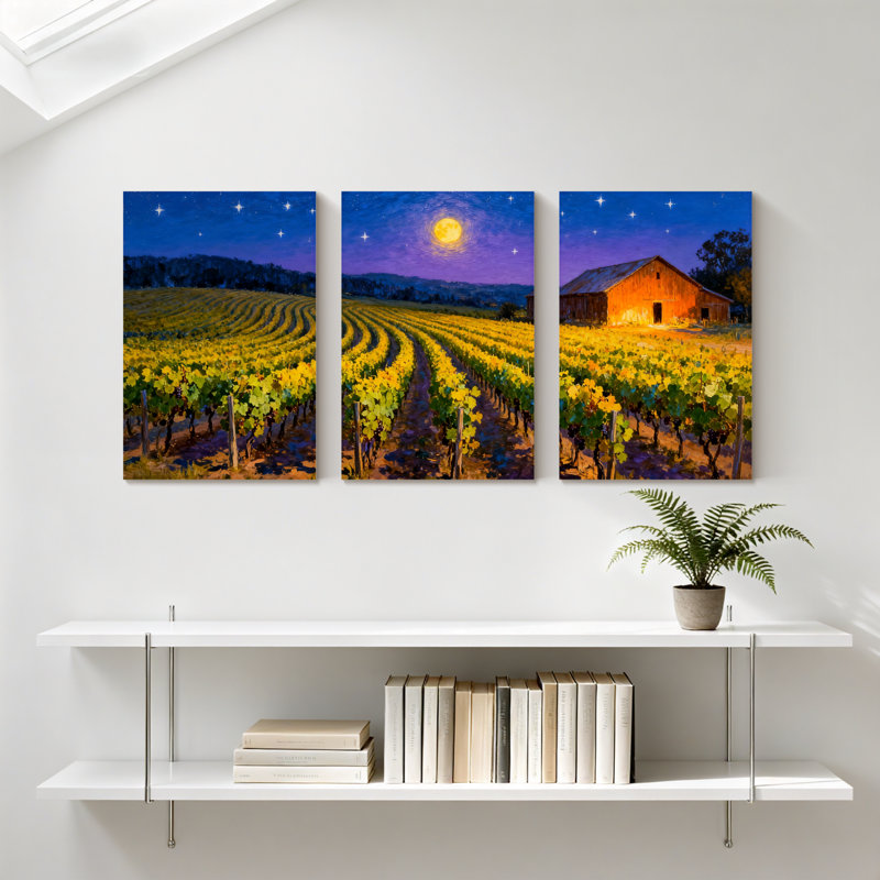 «Abstract Vineyard Under Starry Night Sky», ensemble de 3 reproductions d'art sur toile, H 24 po x l 48 po