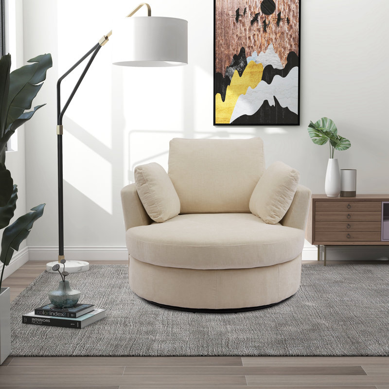 Achorn 42" W Recessed Arm Slipcovered Swivel Barrel Chair, Beige Chenille 1