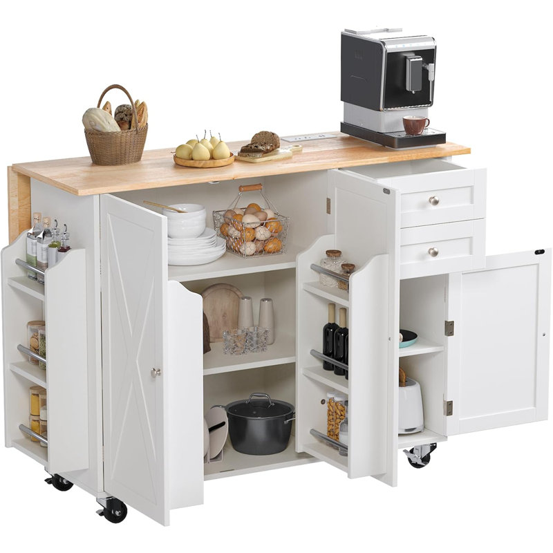  50.4" Kitchen Island With Drop Leaf & Power Outlet, Farmhouse Rolling Island Cart With 3 Spices Shelves On Wheels, Mobil Kitchen Island Table With Rubberwood Countertop Towel Rack