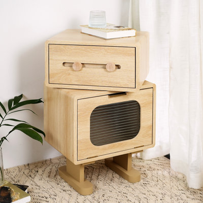 Table de rangement robot rotative Creative avec porte en verre, tiroir pratique et base de circulation d'air pour les petites pièces Finition naturelle rotative polyvalente, rangement de porte, structure surélevée