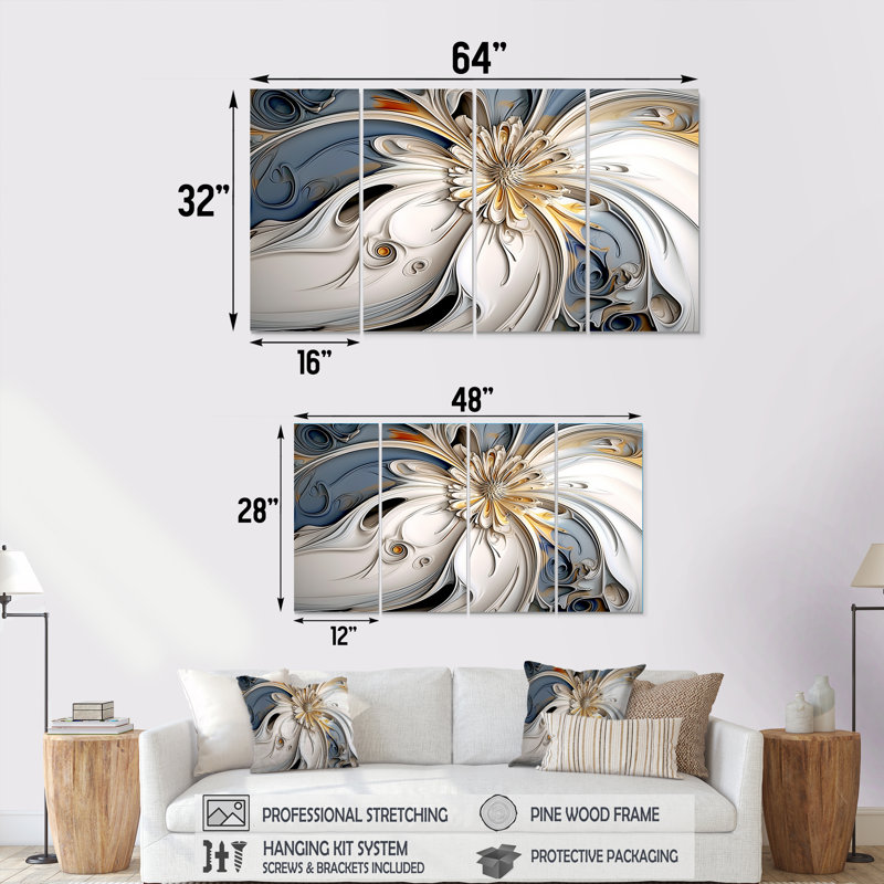 Abstrait fleur flottante blanche - ensemble d'art mural floral moderne 4 pièces, H 32 po x l 64 po