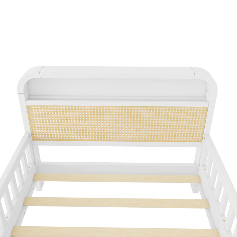 Lit simple en rotin avec lumières DEL et tête de lit, lit plateforme simple avec barrières de sécurité pour enfants, blanc