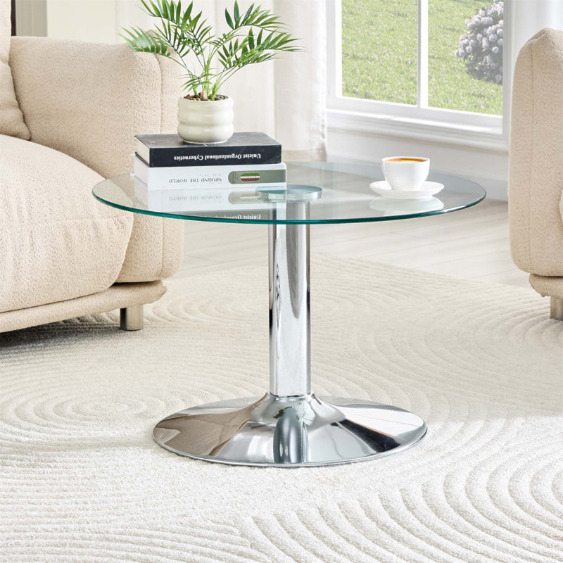 Table basse de 27,5 pouces en verre trempé avec base en métal argenté, bord luxueux pour intérieurs modernes et luxueux