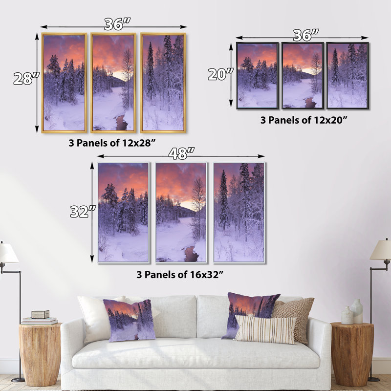 Finnish Lapland Trees in Winter - Ensemble de 3 reproductions sur toile flottantes, H 28 po x l 36 po, Noir, noir, noir, noir