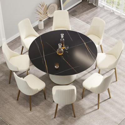 Table de salle à manger 59,05 po en pierre artificielle noire et ronde en contreplaqué beige pouvant accueillir 8 personnes (sans les chaises).