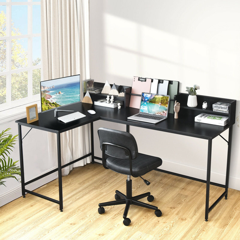 Quinones L-Shaped Metal Base Computer Desk, Black