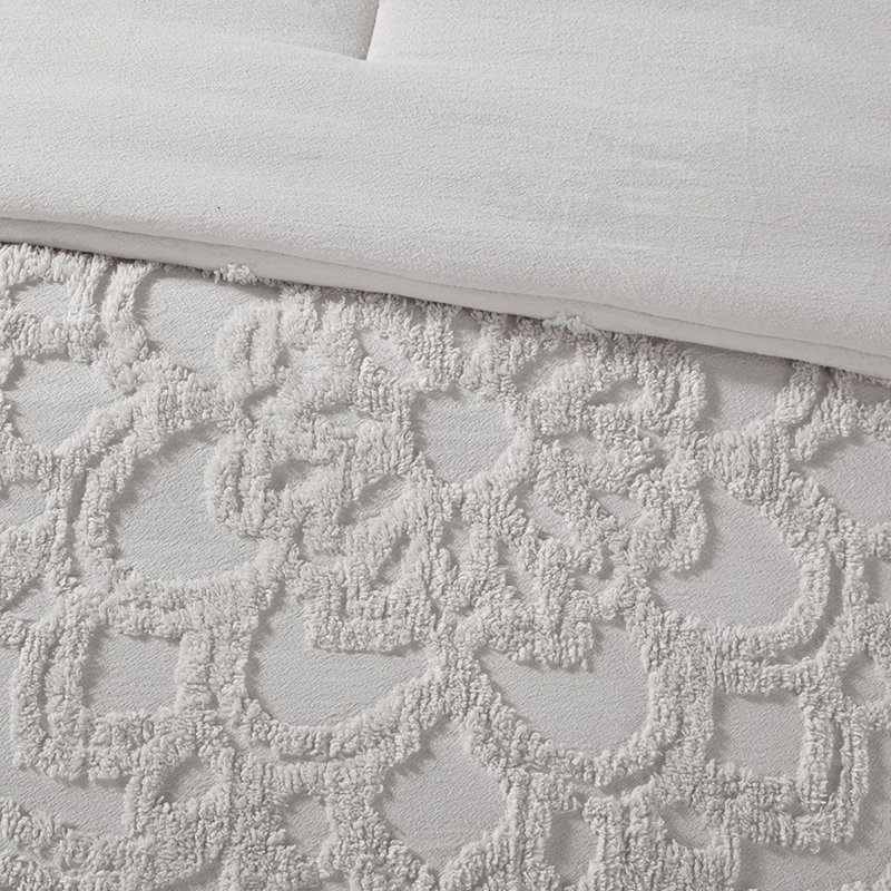 Ensemble d'édredon 3 pièces médaillon en chenille de coton gris, Édredon double / double