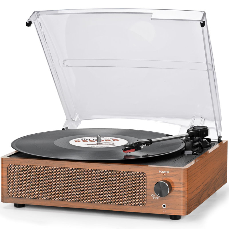 Vintage Brown Belt-Driven Turntable with Built-in Speakers