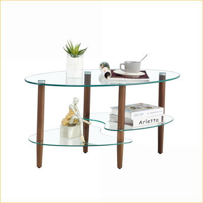 Table basse ovale transparente en verre avec pieds en chêne, rangement à 3 couches, facile à nettoyer pour le salon