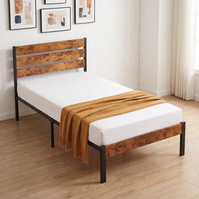 Twin Rustic Brown Industrial Steel Platform Bed Frame with Wood Headboard and Footboard, Underbed Storage